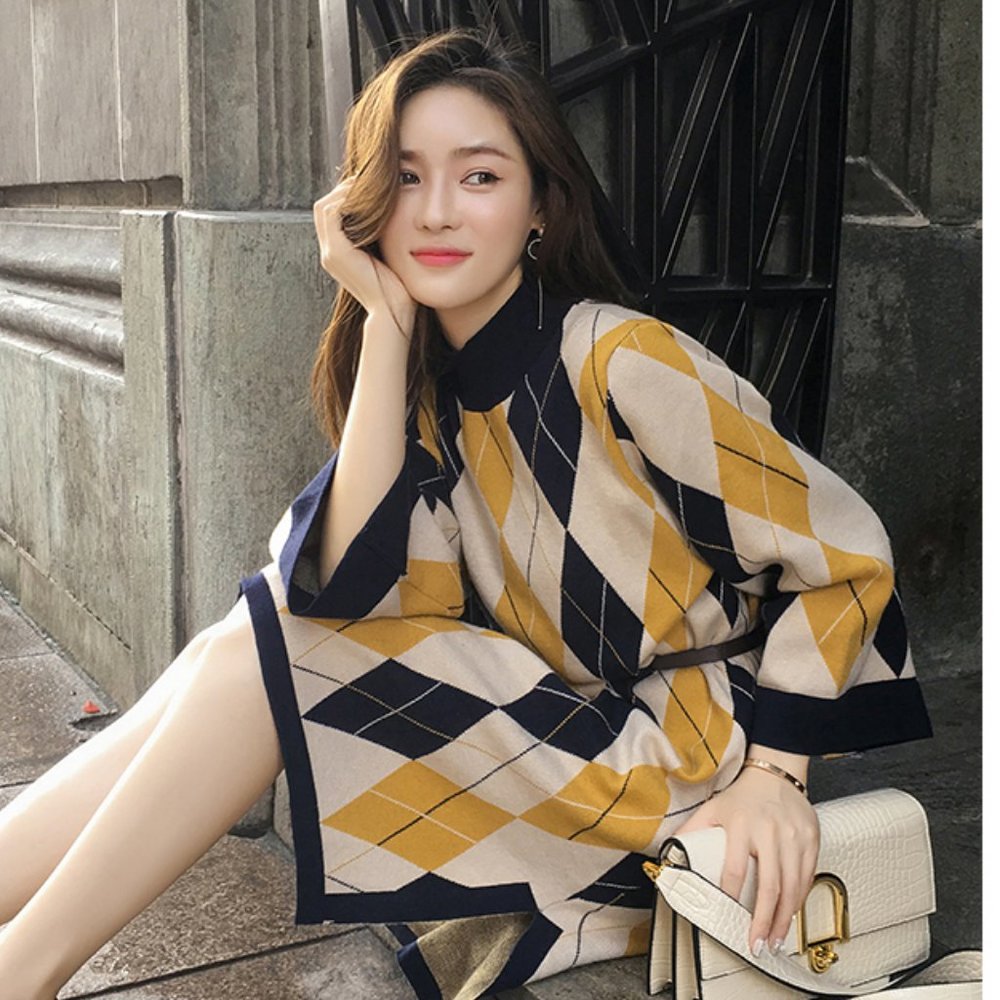 Sweater Dress Yellow Blue Check Plaid Print